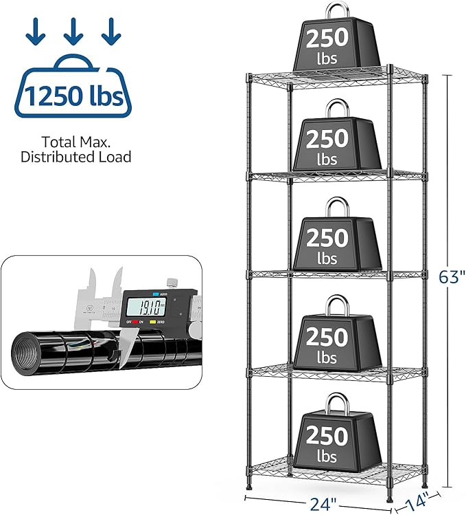 M MZG 1250 lbs 5 Tier Shelf Metal Storage Shelves Wire Rack Closet Organizers with Wheel for Garage Kitchen Bathroom Laundry Black 13.7" D x 23.6" W x 62.4" H