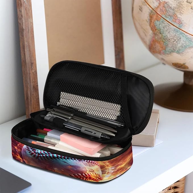Pardick Pencil Case，Baseball Fire Big Capacity Pencil Pouch Coin Pouch Stationery Organizer For Teen School