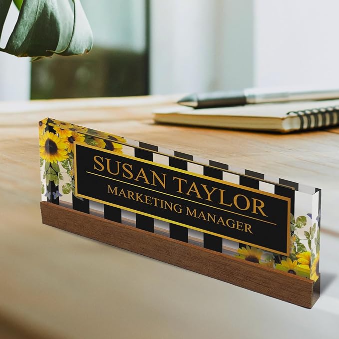 Artblox Office Personalized Name Plate for Desk with Business Card Holder On Clear Acrylic Glass Sunflower Flowers Design Custom Desk Name Plate with Your Name and Credentials Customized Gift