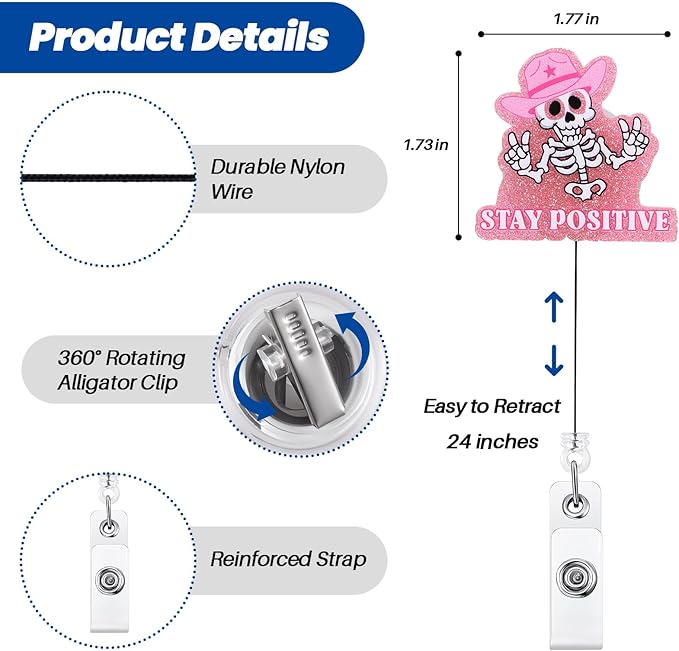 Stay Positive Skull Funny Nurse Badge Reel, Retractable ID Card Badge Holders, Medical Badge Clip for Radiology ER ED RT(R) CT Radiologists Nurses Radiologic Technologists CNA RN LPN Social Workers