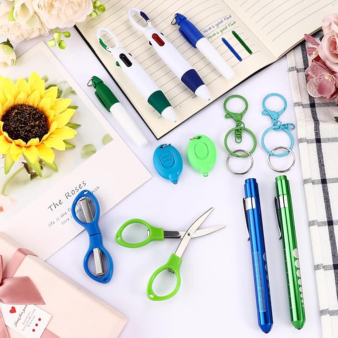 12 pcs Nurse Pen Set Two Colors Blue Green Include Permanent Marker Pen Pen Lights for Nurses Retractable Ballpoint Pen Nursing Keychain Clip Foldable Scissors LED Flashlight Keychain for Nurses