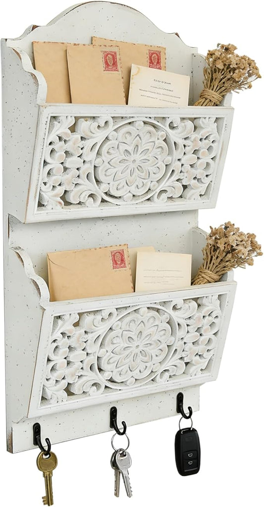 Chadechimo Rustic Key and Mail Holder for Wall Home Decorative,2-Slot Mail Organizer Wall Mount with 3 Hooks, Wooden Key Hangers Wall File Organizer Letter Sorter for Letter Magazines（White）