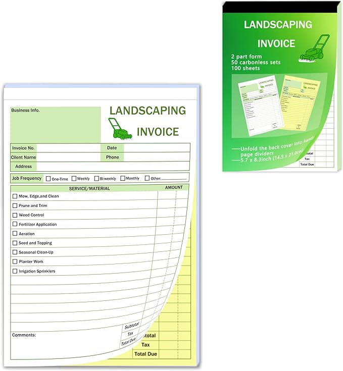 Garden Service Invoice Receipt Book, 2-Part Carbonless Landscaping Invoice Book for Small Business, 5.7 x 8.3 in, 50 Sets (White & Yellow), Lawn Care & Gardening Work Order Forms