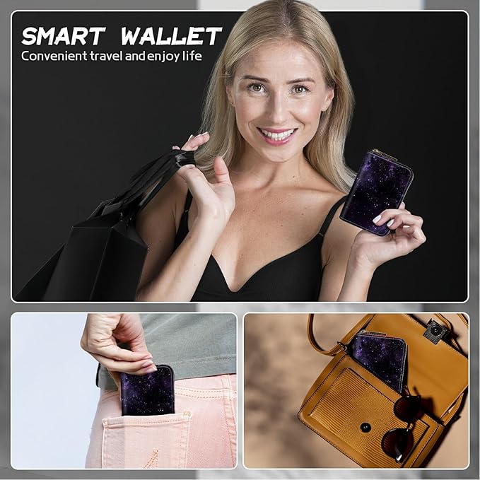 BWEGRHE Cute Credit Card Holder with Zipper, Purple Galaxy RFID-Blocking Card Case Small Wallet for Women Men, Multi-slot Card Organizer Case Travel Accordion Wallet