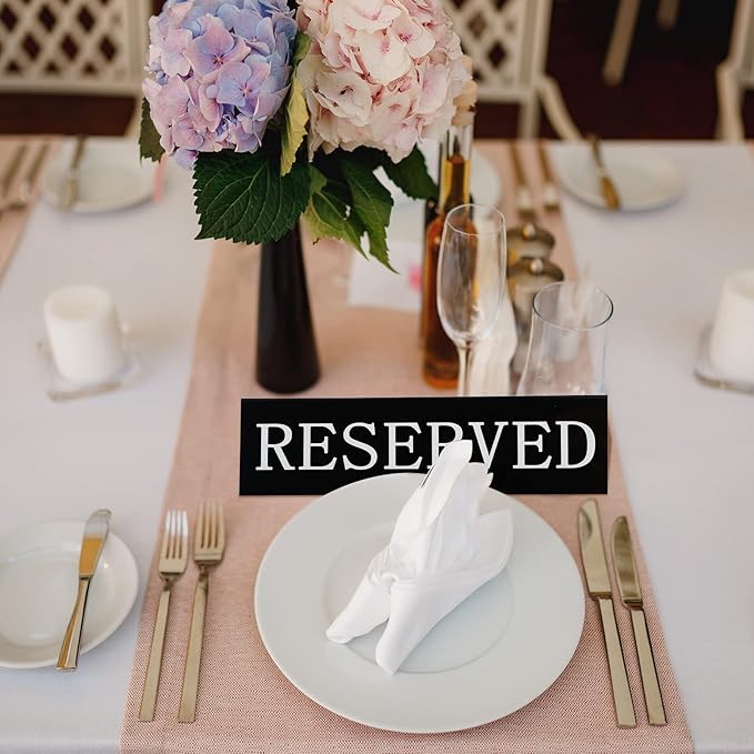 Peryiter 12 Pcs Table Top Reserved Sign Metal Reserved Table Tent Signs Double Sided Guest Reservation Seat Indicators for Wedding Restaurant Family Ceremony Events, 5.91 x 3.15 Inches(Black)