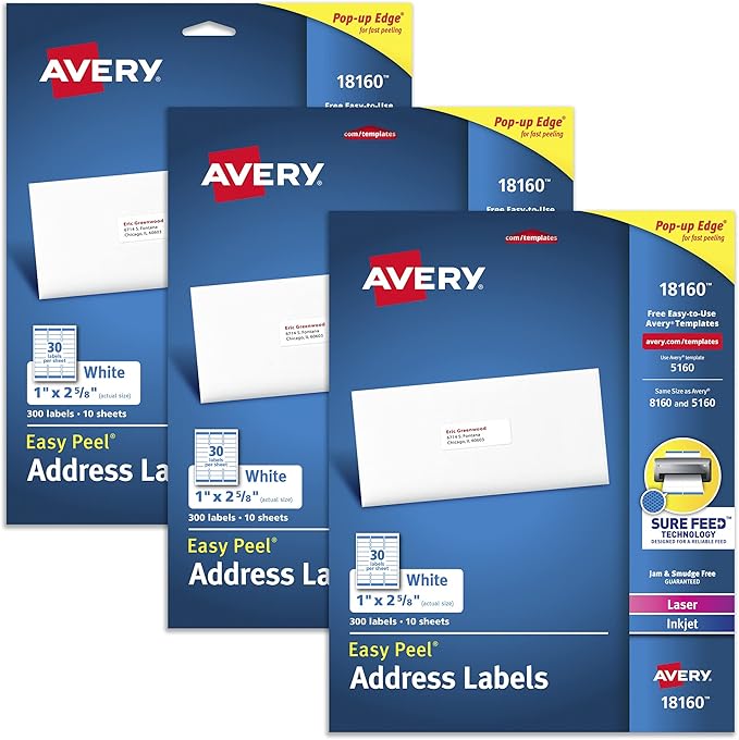 Avery Address Labels for Laser & Inkjet Printers, 300 Labels Per Pack, 3 Packs, 900 Total (18160)