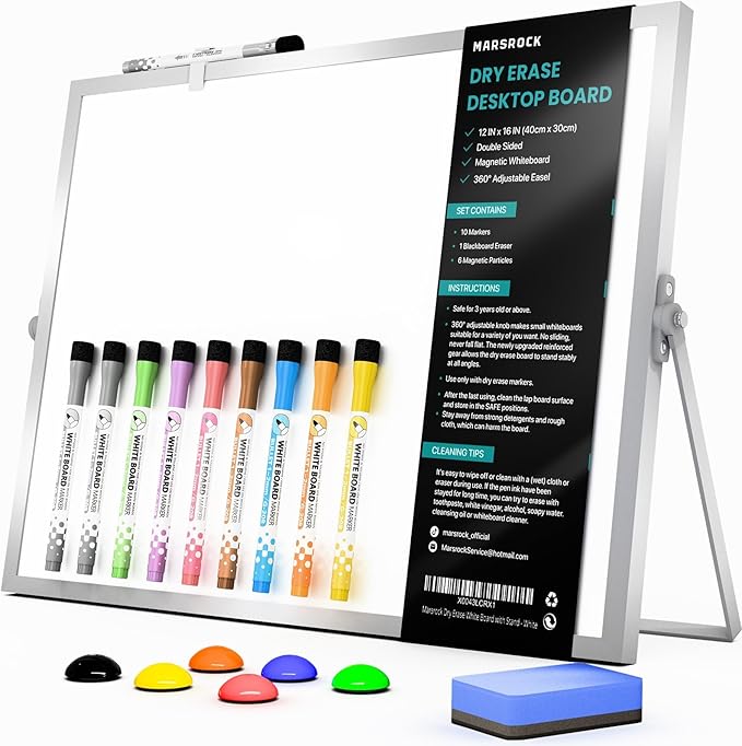Marsrock Dry Erase White Board with Stand,Double-Sided Whiteboard 16"x12", 10 Markers,6 Magnets, 1 Eraser,Portable Desktop Whiteboard for Planning,Colorful Weekly Schedule Board for School for Home