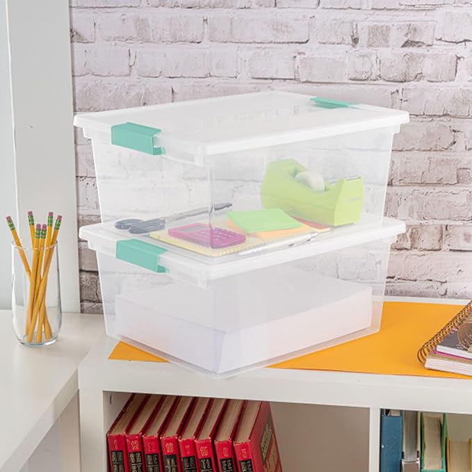 Sterilite 4-Pack Clip Box, Stackable Clear Plastic Bins with Latching Lids, Deep - Writing, Arts or Crafts Supplies Storage Containers for Home, Office, Classroom and Workshop Organization