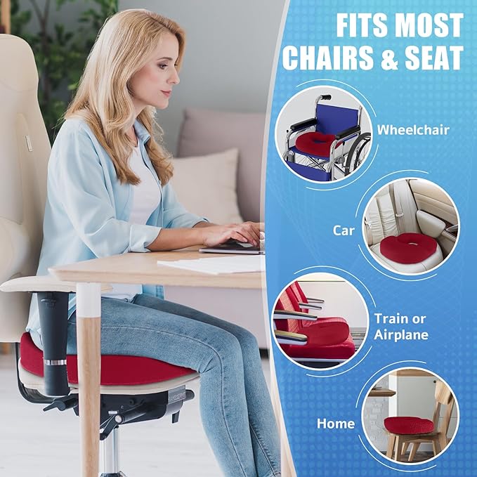 BlissTrends Donut Pillow Seat Cushion,Donut Chair Cushions for Postpartum Pregnancy & Hemorrhoids,Tailbone Pain Relief Cushion,Memory Foam Lifting Cushions for Office&Home Chairs (Red)