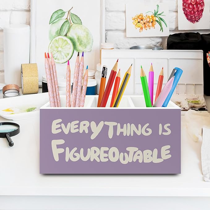 XPH Purple Inspirational Pen Pencil Holder Organizer for Desk, Inspirational Gifts for Women, Everything Is Figureoutable Motivational Wooden Box Sign for Home Office Desk Tabletop Decorations