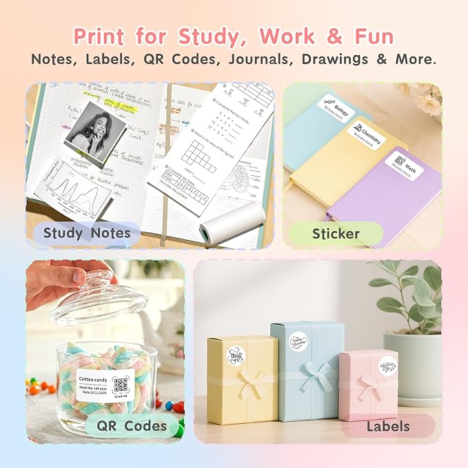 Gloryang JD-23 Sticker Printer, Mini Portable Thermal Printer Print Pod, Inkless Bluetooth Label Maker Machine for DIY Crafts, Journaling, Office & Home Use, 2 Rolls Sticker Paper, Pink