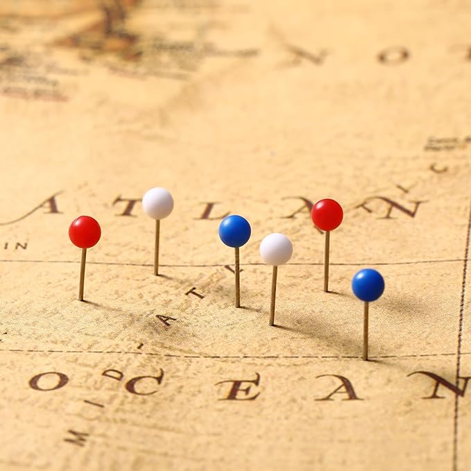 WILLBOND 500 Pack Map Push Pins Map Tacks Small Round Head Push Pins Thumb Tacks for Travel Picture Photo Bulletin Board Wall DIY Craft School Office Home(Red, Dark Blue, White,1/6 Inch)