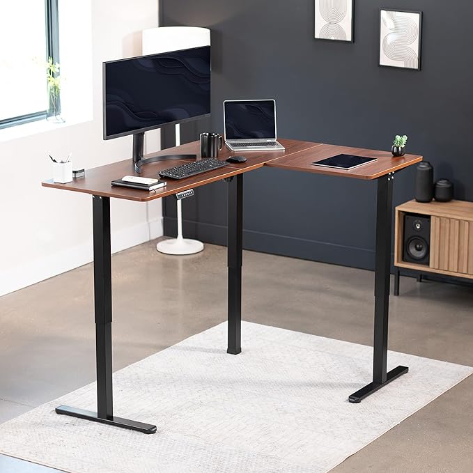 VIVO Electric Corner 63 x 47 inch L-Shaped Standing Desk, Memory Height Adjustment, Dark Walnut Top Black Frame, DESK-E3CTD-47