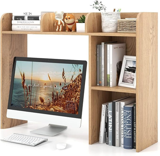 Tangkula Desktop Bookshelf, Countertop Storage Hutch with 5 Shelves for Computer Desk, 3-Tier Display Rack, Multipurpose Wood Storage Organizer for Dorm Office Home