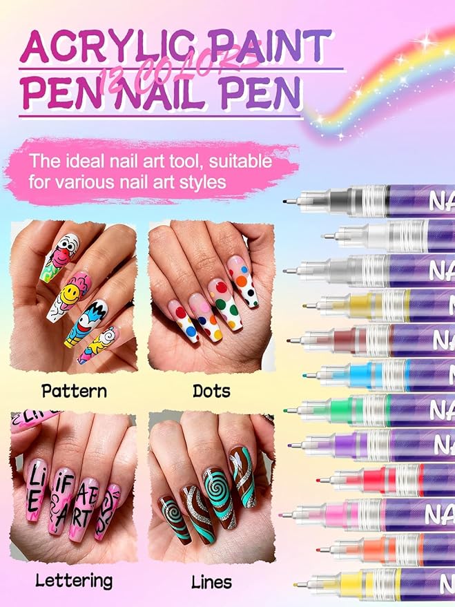EBANKU 12 Colors Nail Art Pens Kit 0.5MM Ultra-Fine Tip 3D Nail Polish Pens Quick-Dry Acrylic Paint Pens Nail Markers Dotting Tools for Home & Salon Manicure