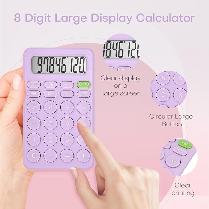 Cute Calculator, Basic Four Function for Teachers Students Basics Office, Small Handheld Calculators, 8 Digit with LCD Display, Sensitive Button, 5.5×3.2 inches Purple