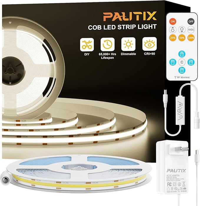 PAUTIX COB LED Strip Lights,UL Listed Dotless LED Lights with RF Remote,32.8ft Natural White 4000K Super Bright Dimmable 24V Flexible LED Tape Light,Kitchen Cabinet,Office,Stairs,Shelf Indoor Lighting