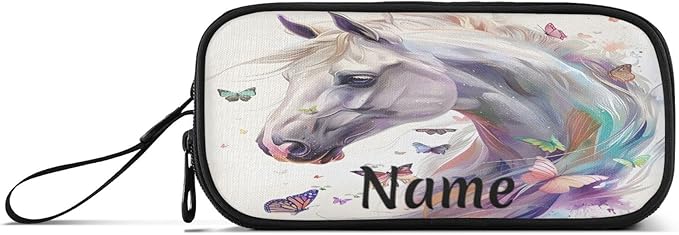 BOENLE Custom White Horse Butterflies Pencil Case Box Boys Girls Personalized Name Large Pencil Pouch Stationery Pen Bag Organizer for Kids Adults School Office