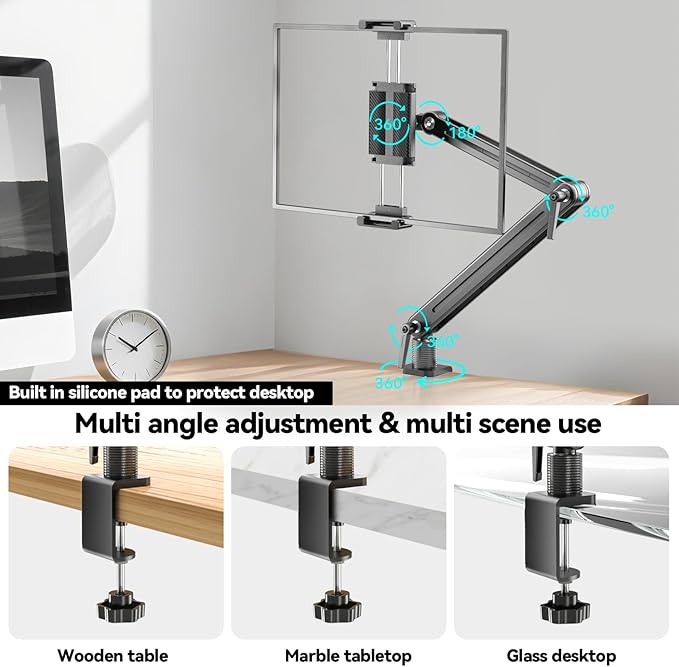 Portable Monitor Stand Desk Holder- Large Clamp support up to 12.9 14.6 15.6 18.5 inch 360° Rotating Base Swivel Tall Desk Arm Mount for iPad Pro/Mini/Air/Surface Strong Bearing Weight over 5.5lbs