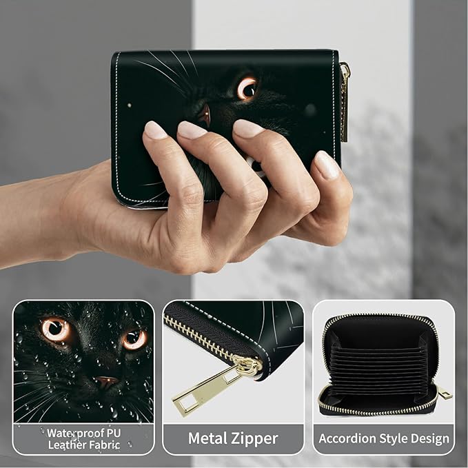 BWEGRHE Cute Credit Card Holder with Zipper, Black Cat Glitter RFID-Blocking Card Case Small Wallet for Women Men, Multi-slot Card Organizer Case Travel Accordion Wallet