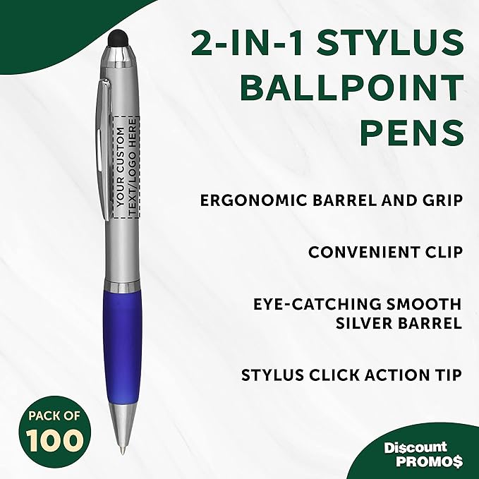 DISCOUNT PROMOS Custom Stylus Ballpoint Pens Set of 100, Personalized Bulk Pack - Black Ink, Great for Office, School, Business, Tradeshows, Events - Blue