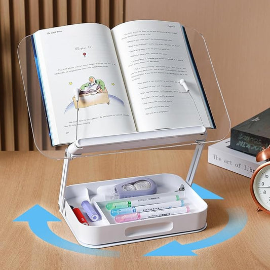 ZOEY Acrylic Book Stand for Reading Adjustable Book Holder with 360 Rotating Base and Storage Foldable Desktop Riser Stand for Cookbook Laptop Tablet Textbook Music Score with Page Clip 13.4x9.3x2.8in