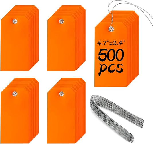 500 Plastic Shipping Tags with Wire - Waterproof Heavy Duty Labels with String Wires - Orange, 4 3/4 x 2 3/8