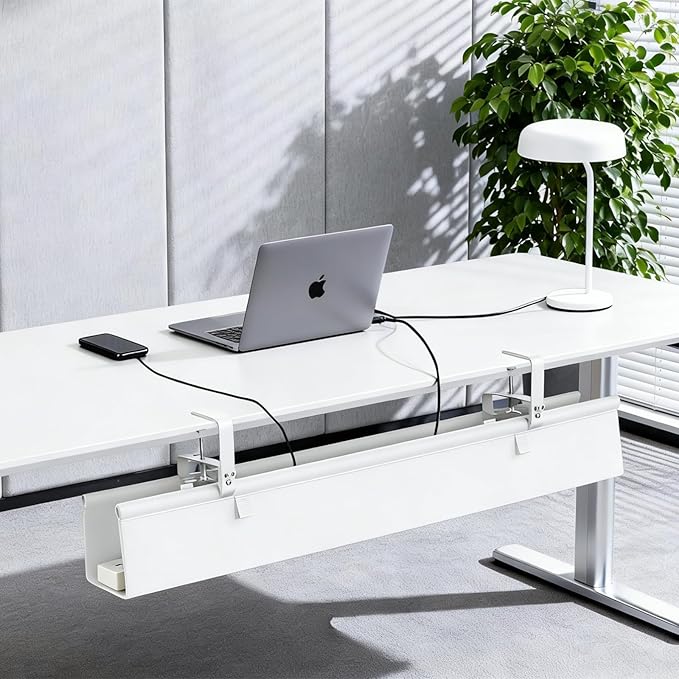 Oxford Cloth Under Desk Cable Management Tray,No-Drill 48" Desk Cable Management Organizer with Clip/Screw Installation,Fabric Cable Management for Home,Office & Gaming Computer(White)