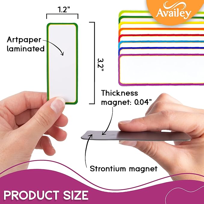 Availey 48 Pieces (3.2 x 1.2) - Colored Border Magnetic Dry Erase Labels - Reusable Strips for Classroom Home Office Garage Refrigerator Blank Writable Erasable Cards Name Tags Students Locker Shelf