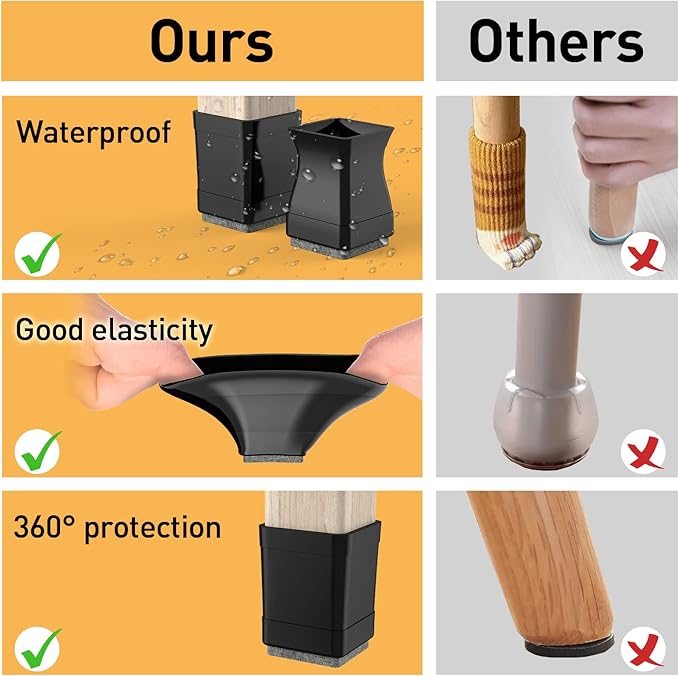 Square Chair Leg Protectors for Hardwood Floors, 16 Pcs Silicone Felt Furniture Leg Cover,Black.1.575" to 1.811".