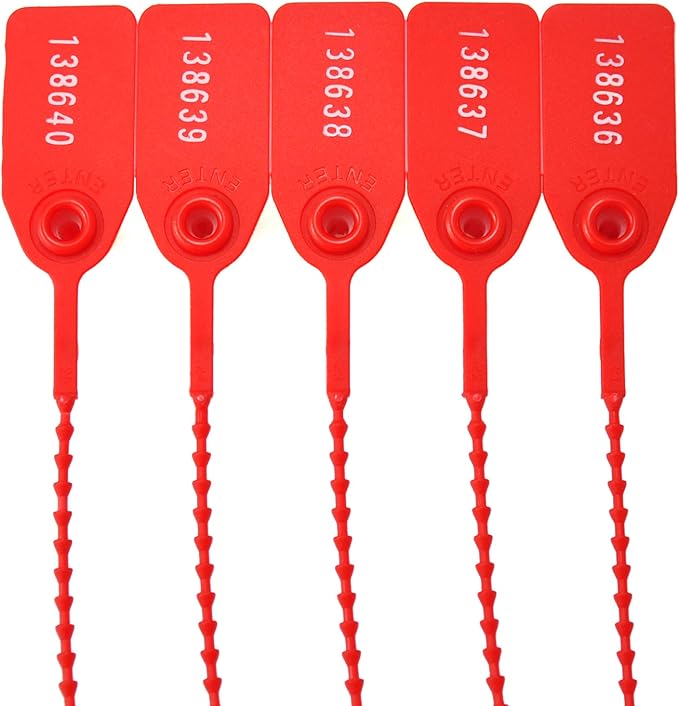 1000Pcs Plastic Tamper Shipping Seals Pull-Tite Security Seal Signage Numbered Fire Extinguisher Tags Zip Ties Labels Disposable Self Locking for Logistics, Luggage,Transport (Red, 1000pcs)