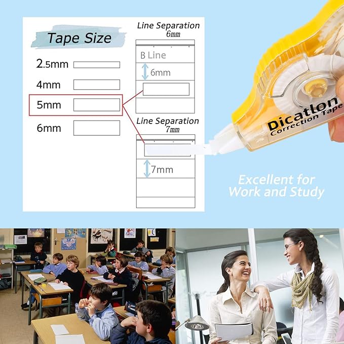 Dicatlon White Correction Tape 12 Pack, Easy Use Roller Applicator, Instant Dry, Jam Free PET Film, Smooth Precise Corrections for School, Office, Home