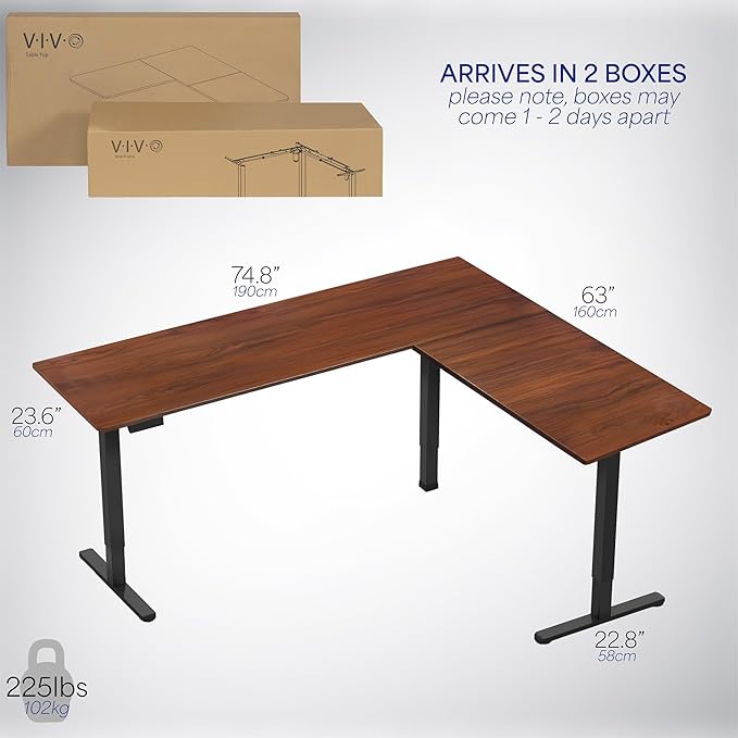 VIVO Electric Corner 75 x 63 inch L-Shaped Standing Desk, Memory Height Adjustment, Dark Walnut Top Black Frame, DESK-E3CTD-75