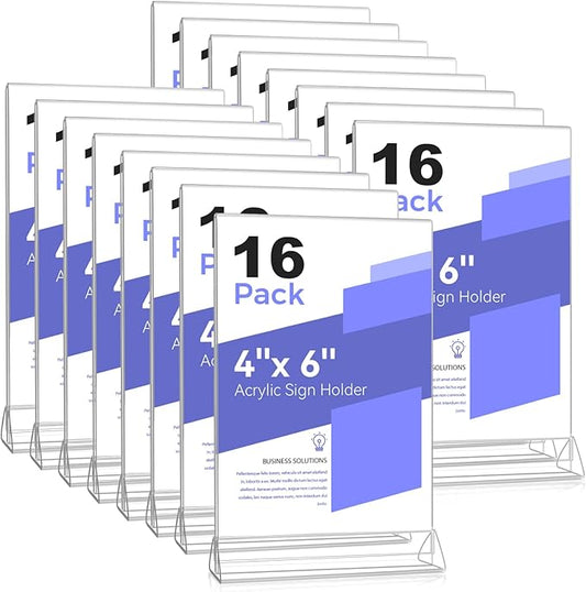 Smarpau Acrylic Sign Holder 4x6, 16 Pack Double-Sided Picture Frames Display Stand, Clear Table Number Holders, Plastic Menu Flyer Photo Holders for Office Store Restaurant