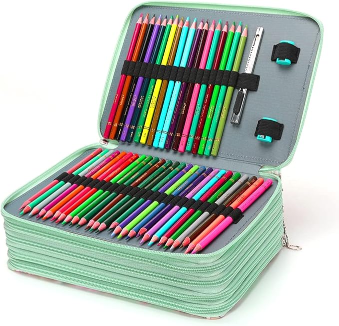 Vomgomfom Colored Pencil Case - 252 Slots Pencil Holder with Zipper Closure Twill Fabric Large Capacity Pencil Case for Watercolor Pens or Markers, Pencil Case Organizer for Artist (Green Rose)