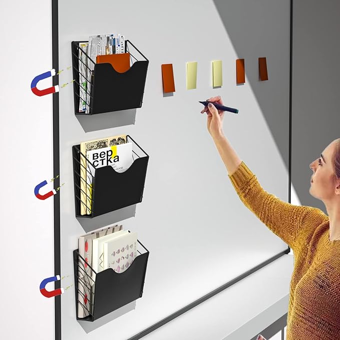 3 Pockets Magnetic File Holder for File Cabinets, Refrigerator, Whiteboard, Magnetic Paper Organizer, Magnetic Mail or Folder Holder,Magnetic Magazine Rack,Wall Mount Hanging Mail Organizer (black)