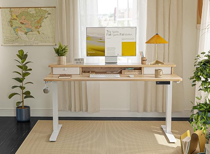 FEZIBO 55 x 24 Inch Height Adjustable Electric Standing Desk with Double Drawer, Computer Desk, Home Office Stand Up Table with 4 Height-Adjustable Feets & 2 Hooks, Maple
