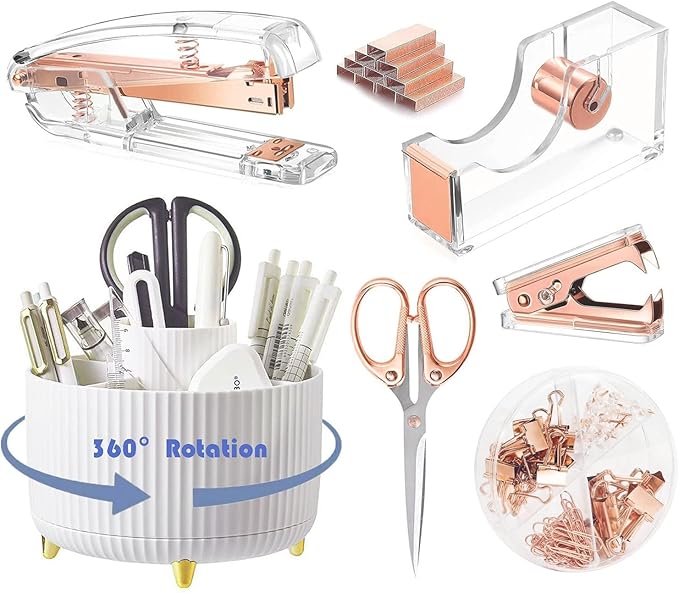 Gawsey Desk Organizers and Accessories Set with 360-Degree Rotating Pen Holder, Acrylic Stapler, Tape Holder, Staple Remover, Binder/Paper Clips Kit, Scissor and 1 Box of Staples