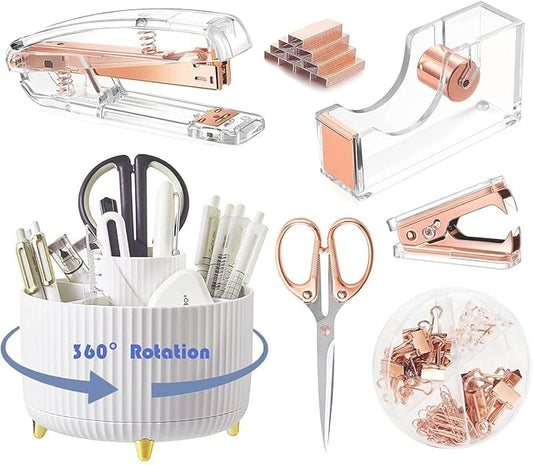 Gawsey Desk Organizers and Accessories Set with 360-Degree Rotating Pen Holder, Acrylic Stapler, Tape Holder, Staple Remover, Binder/Paper Clips Kit, Scissor and 1 Box of Staples