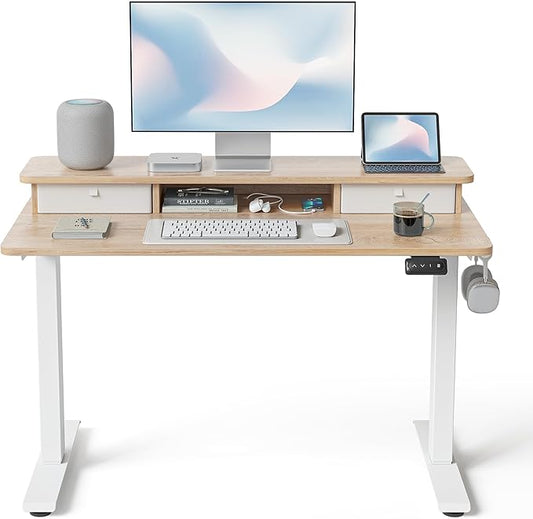 FEZIBO 40 x 24 Inch Height Adjustable Electric Standing Desk with Double Drawer, Stand up Home Office Computer Desk with 4 Height-Adjustable Feets & 2 Hooks, Maple