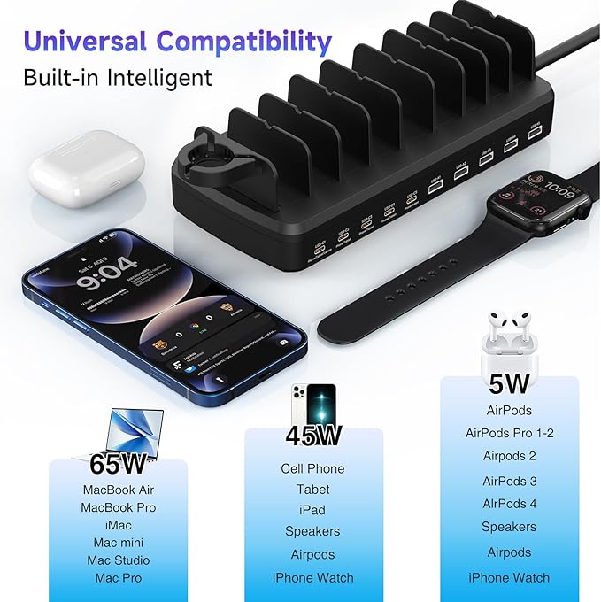 285W Charging Station for Multiple Devices, 10 Ports Fast Multi-Device Charger Organizer Compatible with MacBook Pro Laptop, iPhone, Android, Ipad, Tablet, Kindle, Multi-Device Charging Dock（Black）