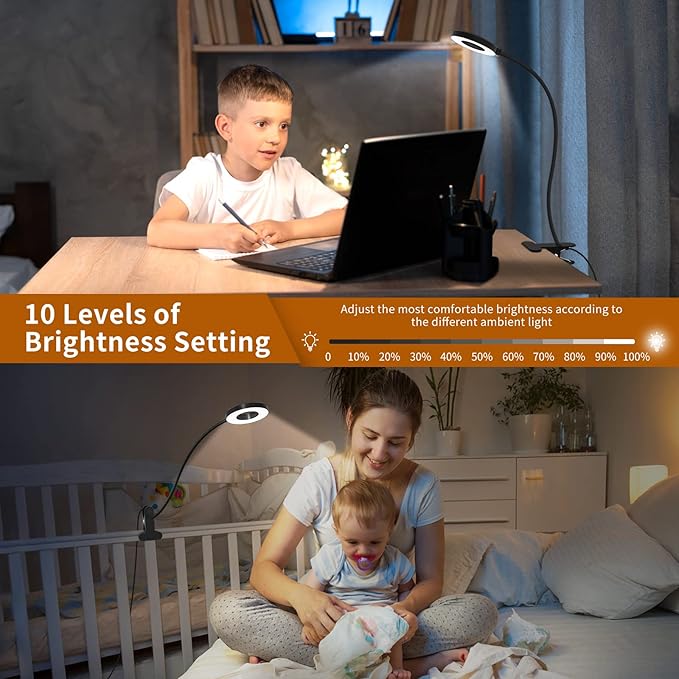 iZELL Desk Lamp, [3 Color Modes & 10 Brightness] LED Reading Light with Clamp, Silicone Flexible Arm Book Light for Kids Reading Book in Bed at Night Clip on Table, Headboard, Dorm - 15.8‘’ Black