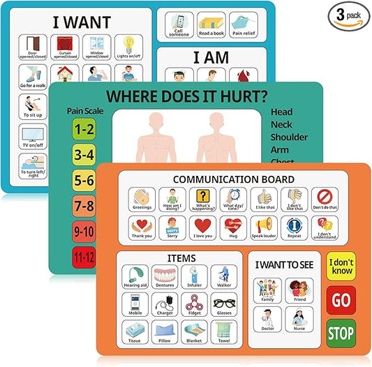 3 Pcs Communication Boards for Non Verbal Adults 11.81 x 8.27 Inches Colorful Picture Symbol Communication Cards Speech Therapy Tools for Autism Aphasia Stroke Patients Hospital Care Home Use