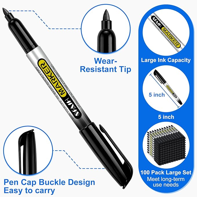 SFAIH 100 Black Permanent Markers Bulk -1s Quick Drying, Fine Point Markers for Writing, Labeling, School & Office, Warehouse, Business, Logistics, Waterproof Ink on Paper, Plastic, Metal, Cardboard