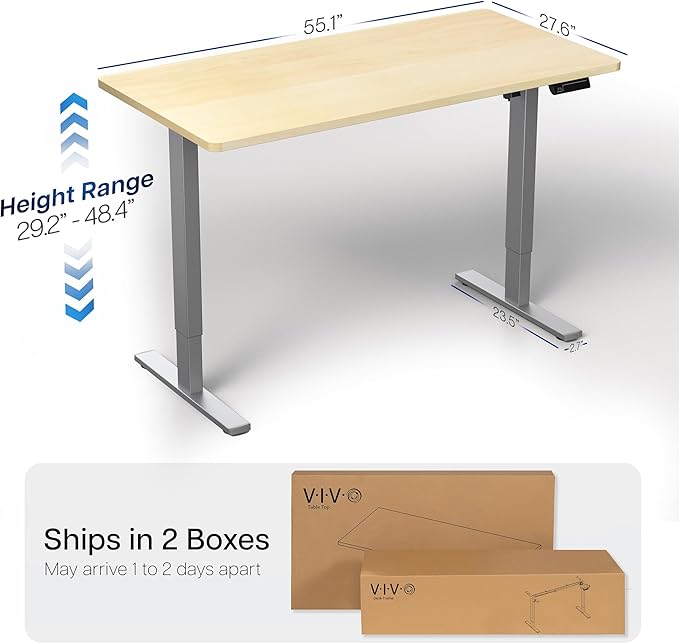 VIVO Electric 55 x 28 in Standing Desk, Memory Height Adjustment, 1B Series, Holds 220 lbs, One-Piece Light Wood Top, Gray Frame, DESK-KIT-1G55C