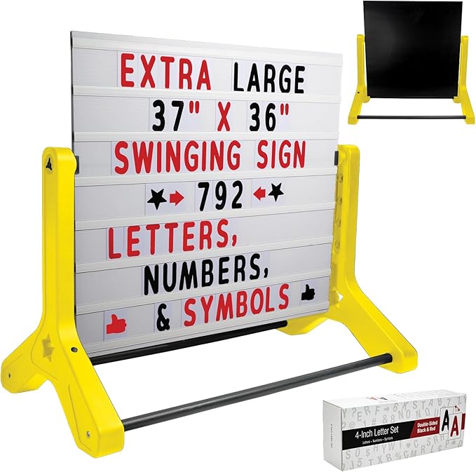 Swinging Changeable Message Sidewalk Sign 36″ x 37″ – Outdoor Advertising Sign Board with 792 Pre-Cut Double-Sided Letters & Storage Box – Heavy-Duty, Rust-Resistant Sidewalk Display for Businesses & Events (Yellow Legs)