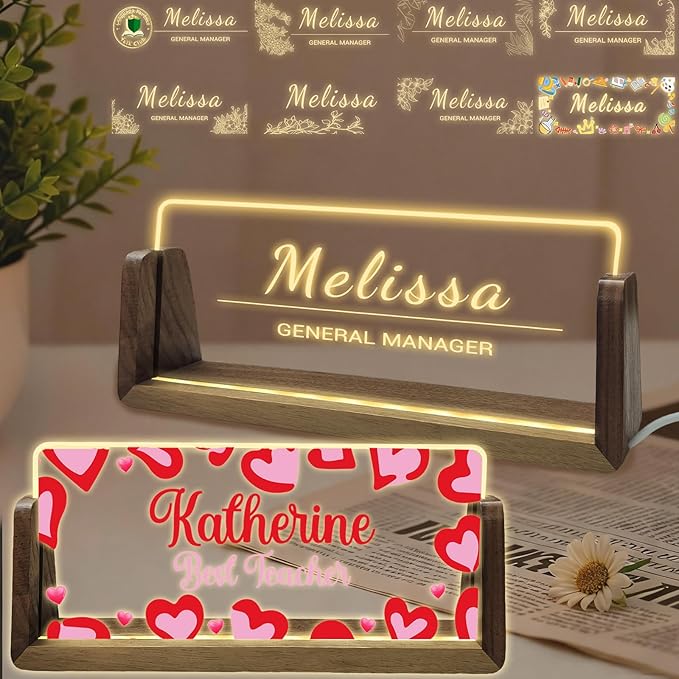 Personalized Acrylic Light Up Name Plate for Desk Custom Desk Name Plate Sign with Warm LED Light & Wooden Base Customized Office Accessories for Boss Teacher Employee