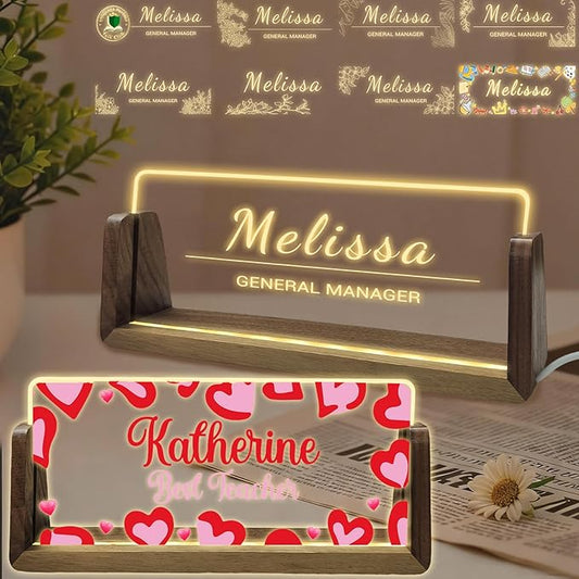 Personalized Acrylic Light Up Name Plate for Desk Custom Desk Name Plate Sign with Warm LED Light & Wooden Base Customized Office Accessories for Boss Teacher Employee