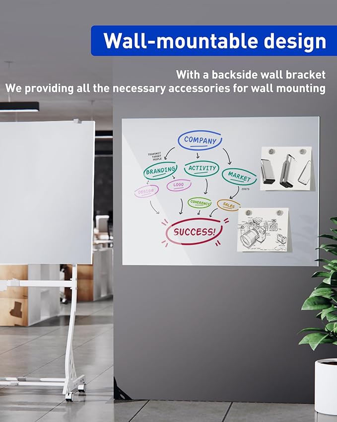 Mobile Glass Whiteboard, 24 x 36 inch Glass Board/w Height Adjustable, Large Portable Dry Erase Board with Stand and Wheels for Home, Office,Classroom &School, White