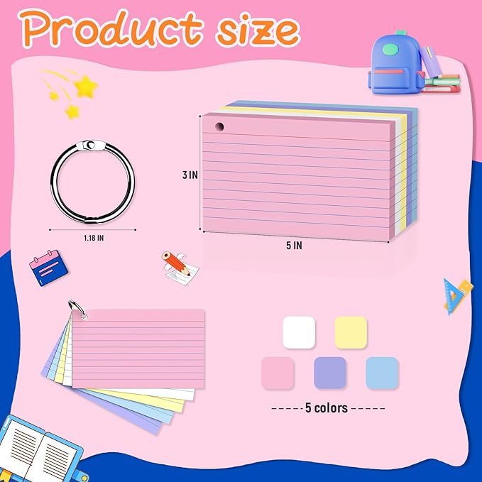 250 Count Colored 3 x 5 Inch Index Cards with Ring, Ruled Flash Cards for Office Use, Portable Note Cards for Study, Heavy Weight Flashcards for Home and School